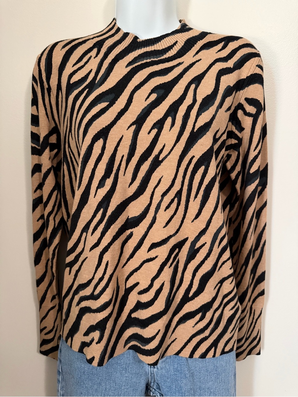 J. Society Tiger-Print Crewneck Sweater in Tan and Black MEDIUM